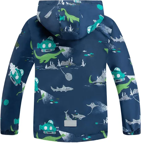 Vista 2 de TLAENSON Chaqueta de lluvia para niños, chaqueta de dinosaurio, impermeable, ligera, rompevientos con capucha