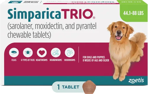 Vista 12 de Simparica Trio (sarolaner, moxidectina y tabletas masticables de pirantel) masticables para perros, 6 mg/tab, 5.6-11 libras, (púrpura), 1 tableta