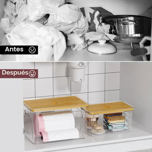 Vista 5 de Delamu Soporte para bolsas de basura acrílicas, paquete de 2 dispensadores de bolsas de basura apilables (XL+S), contenedores organizadores
