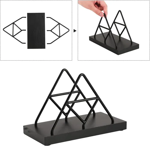 Vista 3 de Servilletero, forma triangular de alambre de metal y soporte de toalla de papel de madera, servilletero para mesa, dispensador de servilletas