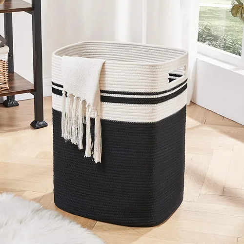Vista 11 de OIAHOMY - Cesta de lavandería de 91L, cesta de lavandería XXXL, cesta plegable de cuerda de algodón, cesta de almacenamiento tejida para mantas Negro