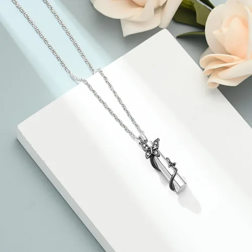 Vista 5 de shajwo Collar de cenizas de urna de mariposa cilíndrica para mujeres y hombres, joyería de cremación de seres queridos, colgante de vial