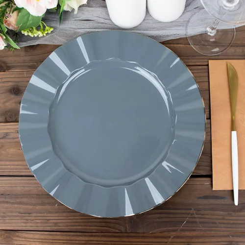 Vista 29 de Tableclothsfactory Paquete de 10 platos redondos de plástico negro de 6 pulgadas para ensalada de postre, platos desechables con borde ondulado