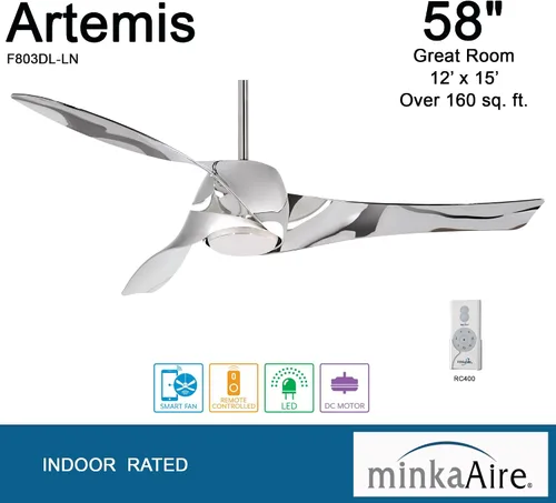 Vista 2 de MINKA-AIRE F803DL-LN Artemis Ventilador de techo LED de 3 paletas de 58 pulgadas con acabado de níquel líquido con cristal de ópalo grabado