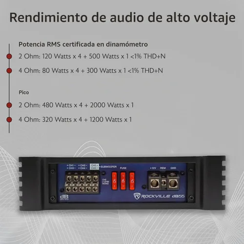 Vista 7 de Rockville dB25 - Amplificador estéreo para coche (2800 W, 1400 W, RMS 2 canales) Bass Knob, Dyno Certified, Class AB+D, MOSFET, Crossover
