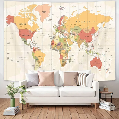 Vista 2 de ICTEISOM Tapiz de mapa del mundo para niños estudiantes, mapa del mundo con países y ciudades principales, tapiz de arte de pared póster tapices