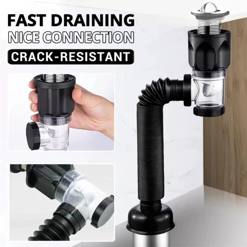 Vista 4 de Kit de drenaje de fregadero de baño con tubo P-Trap flexible y expandible antiolor, tubo de drenaje de fregadero de baño para agujero de 1-1/4