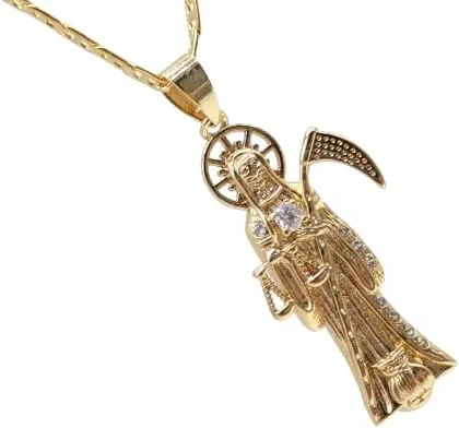 Vista 3 de Collar con colgante de la Santa Muerte chapado en oro de 14 quilates, eslabones cubanos de 22 pulgadas de largo, 1.378 x 0.787 in oro laminado