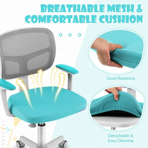 Vista 6 de GLACER - Silla de escritorio para niños, silla de estudio de malla ajustable con ruedas (verde) Swivel Ergonomic Computer Task Chair with Arms