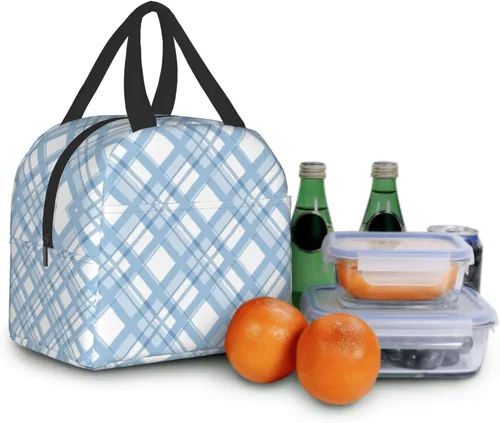 Vista 8 de Nerxy Lonchera a cuadros de búfalo azul, moderna, 8 x 5 x 8.5 pulgadas, suave bolsa de almuerzo para mujeres, niños, adultos, trabajo, escuela
