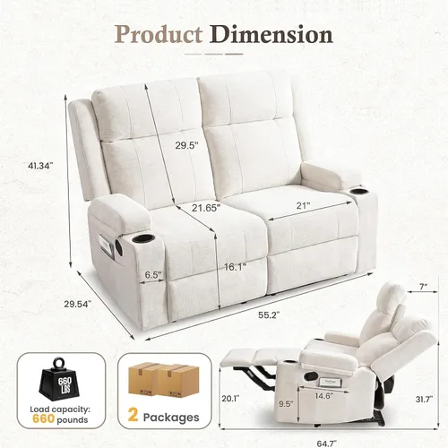 Vista 2 de Sofá reclinable de dos plazas, sofá biplaza con reposapiés ajustable, sillón reclinable de pared para sala de estar, cine en casa y RV (beige)