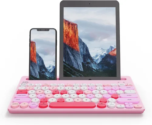Vista 7 de HUO JI Teclado Inalámbrico Multidispositivo, Bluetooth y Modo Dual de 2.4G para iPad, Cambio a 3 Dispositivos para Celular, Tablet, PC, Smart TV