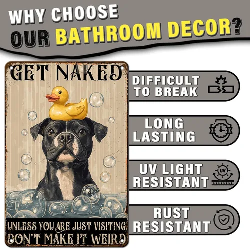 Vista 3 de PEACHGARDEN Cartel de Metal Gracioso para Baño Pitbull Letrero de "Póngase Desnudo" Arte de Perro para Pared Decoración de Baño Letrero para Inodoro