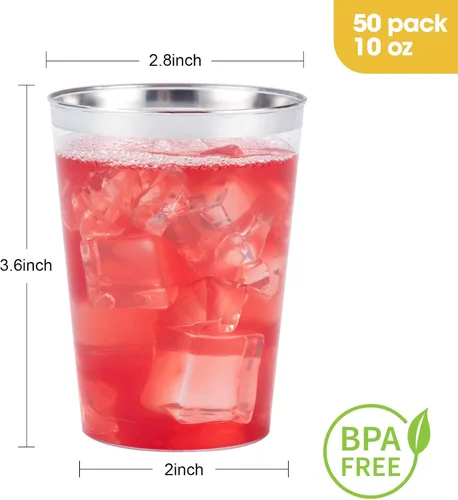 Vista 4 de Goodluck 50 piezas de vasos de plástico de 10 onzas para fiesta, vasos desechables plateados, vasos de cóctel de plástico para boda, Acción