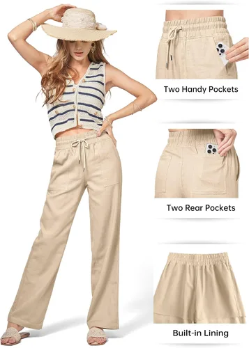 Vista 5 de Willit Pantalones de lino para mujer, pantalones palazzo de pierna ancha Khaki - Actualización