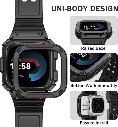 Vista 3 de Bandas Fintie con Estuche Compatible con Fitbit Versa 4/3/2/1/Versa Lite/Fitbit Sense 2/Sense, Estuche Protector con Correa Banda Deportiva Negro