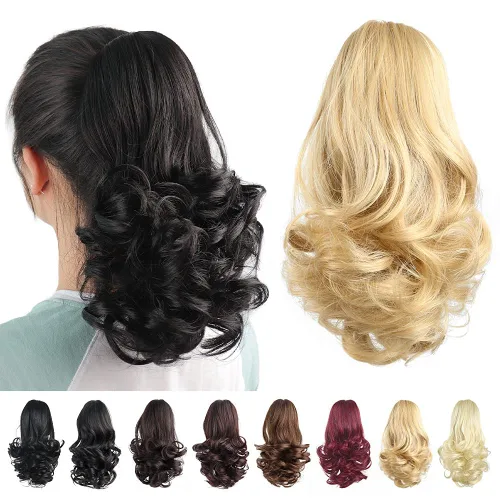 Vista 6 de Extensiones de cabello rubio, extensiones de cola de caballo para mujer, extensiones de cabello rizado de 12 pulgadas, extensiones de cabello