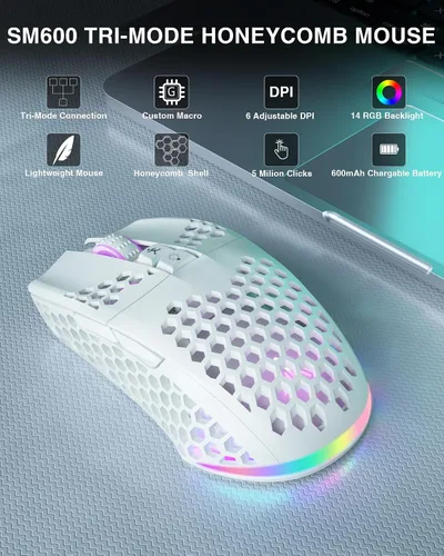 Vista 2 de SOLAKAKA SM600 Plus Ratón inalámbrico para juegos Bluetooth con carcasa de panal de abeja, botones laterales, tres modos personalizables