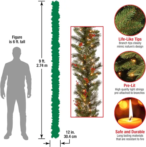 Vista 3 de National Tree Company Guirnalda de Navidad artificial preiluminada, verde, pino invernal, luces blancas, decorada con conos de pino, racimos