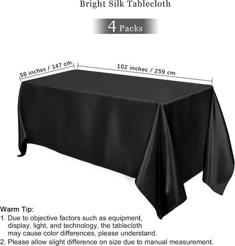 Vista 2 de TURSTIN Paquete de 4 manteles de satén negro de 102 x 58 pulgadas, mantel rectangular de seda brillante, tela suave, decoración de mesa para bodas