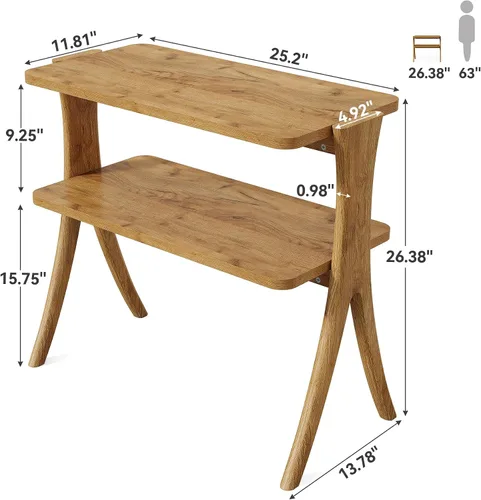 Vista 2 de LITTLE TREE Mesa auxiliar estrecha, mesa de centro de 2 niveles estilo granja con patas de madera maciza, mesa auxiliar pequeña, ahorradora
