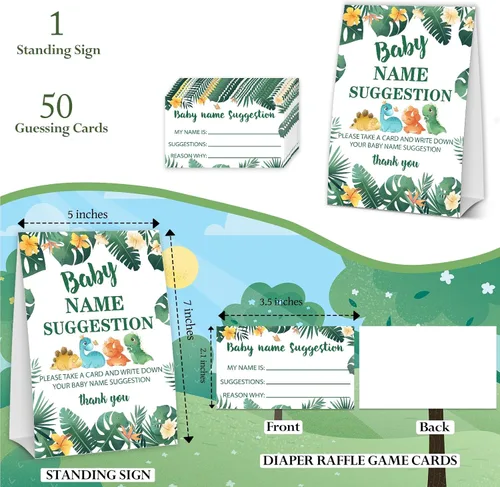 Vista 2 de DETIHO Tarjetas de juego de dinosaurio para baby shower, 1 letrero de sugerencia de nombre de bebé con 50 tarjetas de relleno, juego de fiesta
