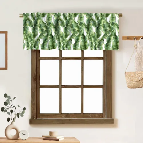 Vista 17 de Cortina de cenefa de hojas verdes tropicales, diseño de hojas de palmera, cenefa con bolsillo para barra, 1 panel, cortinas cortas para cocina