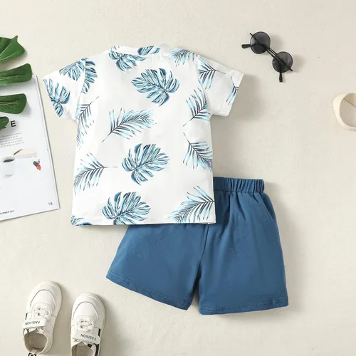 Vista 4 de AMAWMW Trajes de verano hawaianos para bebés y niños pequeños, camiseta de hoja de palmera, pantalones cortos con bolsillos, 2 piezas, ropa tropical