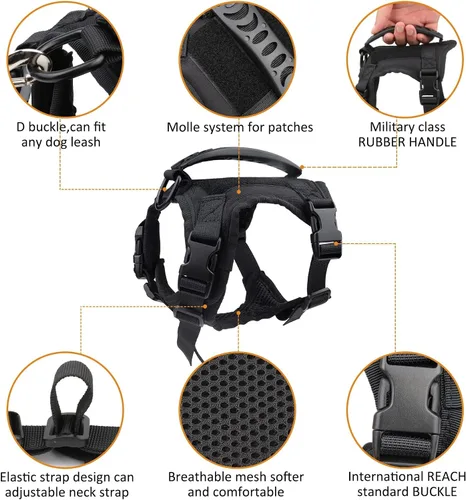Vista 5 de Annchwool Arnés táctico para perros pequeños con asa, chaleco de servicio militar y correa para entrenamiento al aire libre, caminar, senderismo