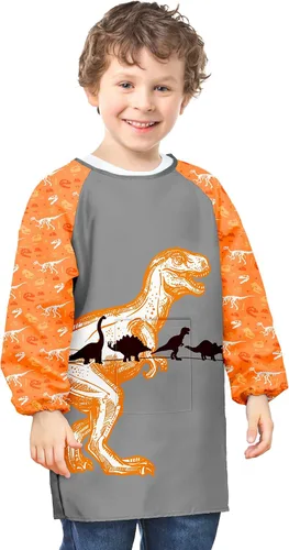 Vista 8 de PASHOP Bata de arte para niños, de unicornio, impermeable, para niñas, niños, manga larga, hasta la rodilla, con bolsillo (dinosaurio azul, 3-7 años)