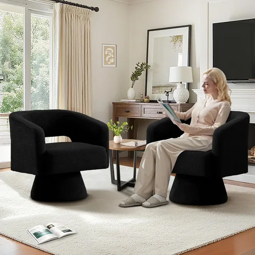Vista 19 de ClinQ Silla giratoria de barril acento, juego de sillas redondas tapizadas de teddy extragrandes, silla de tocador moderna de lujo de 360°