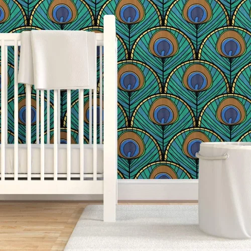 Vista 6 de Spoonflower Despegar y pegar papel pintado Swatch – Patrón de abanico Art Deco de pavo real pluma azul verde 1920 inspirado vintage dorado estampado