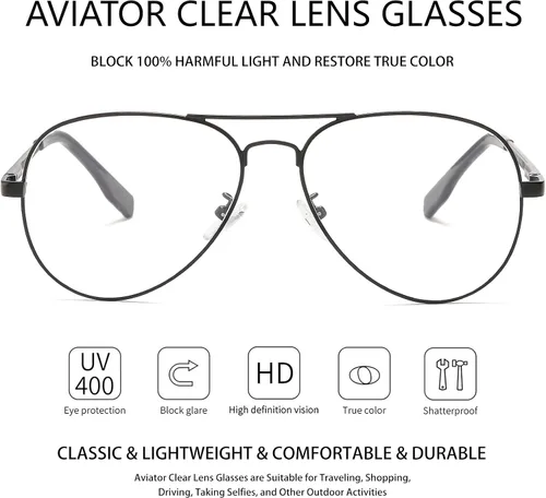 Vista 3 de BRMHDY Gafas de aviador clásicas para mujeres y hombres, marco de metal retro, lentes transparentes sin receta, 2.283 in