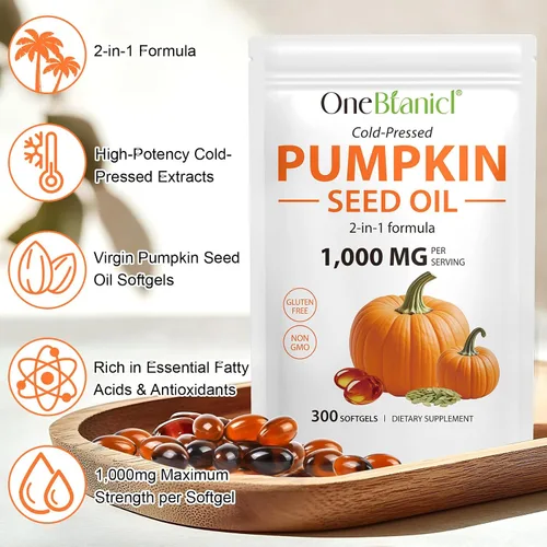Vista 3 de Aceite de Semilla de Calabaza con Saw Palmetto, 1000mg por Porción, 300 Cápsulas Blandas – Cápsulas de Aceite de Semilla de Calabaza Prensado
