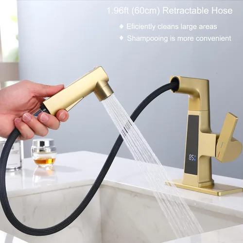 Vista 2 de Grifo de baño LED con rociador extraíble, pantalla de temperatura dorada cepillada, 2 modos de pulverización, grifo RV de 1 o 3 agujeros con placa