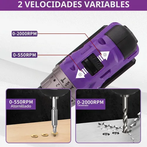 Vista 5 de Juego de taladro inalámbrico sin escobillas morado, kit de controlador de potencia compacto de 20 V con motor eléctrico, ajuste de par de 20+3, 48