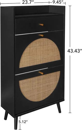 Vista 2 de ZeHuoGe Zapatero de ratán natural con 2 cajones abatibles, zapatero negro para tacones, zapatillas, zapatero independiente para entrada y pasillo