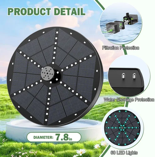Vista 7 de Yzert Fuente solar mejorada para pájaros con 60 luces LED, bomba de fuente de agua con batería de 4000 mAh, 7 boquillas, 4 fijadores, para jardín