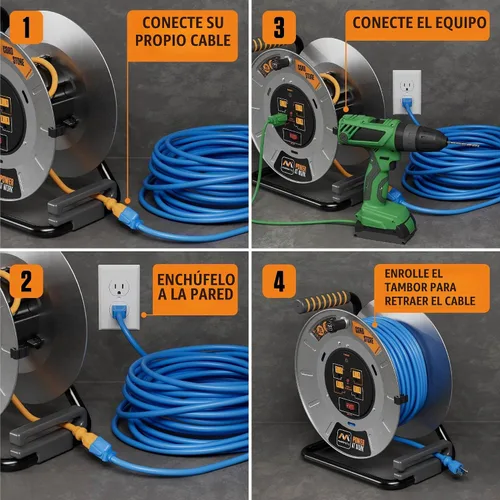 Vista 3 de Masterplug Carrete de cable de 1 pie, tambor de cable de metal, cable de extensión retráctil con mango de bobinado, disyuntor de sobrecarga