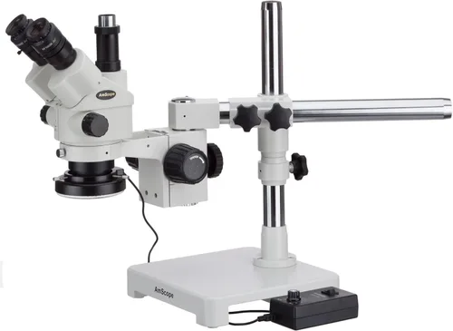 Vista 2 de AmScope Microscopio de zoom estéreo simulfocal 3.5X-45X en soporte de brazo único con luz de anillo de 144 LED y cámara de 10MP