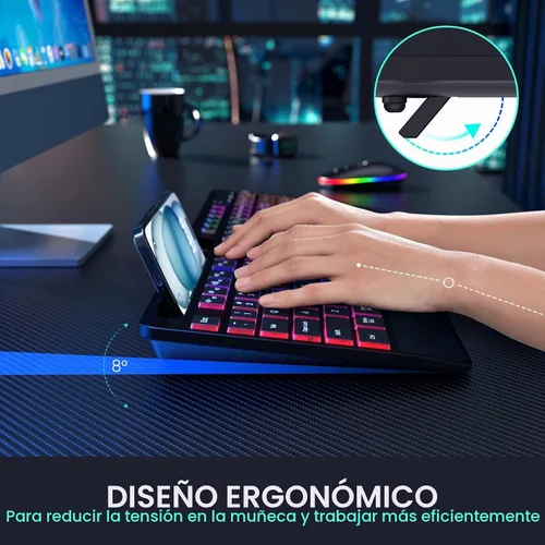 Vista 3 de Combo de teclado y mouse inalámbricos, mouse y teclado con retroiluminación RGB de doble sistema, recargable 2.4G, diseño ergonómico silencioso