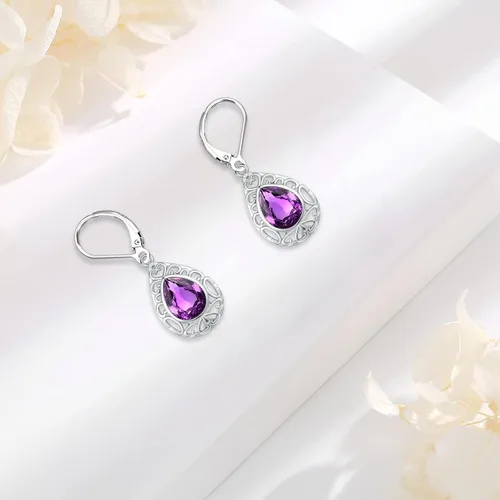 Vista 221 de Aretes colgantes de plata de ley con diseño de árbol de la vida, flor, abeja, animales, gato, colibrí, piedra lunar, turquesa, aretes con cierre