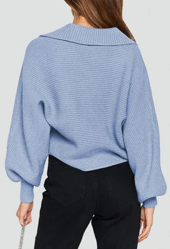 Vista 3 de Meenew Suéter corto de manga farol para mujer, cuello en V, cuello de solapa