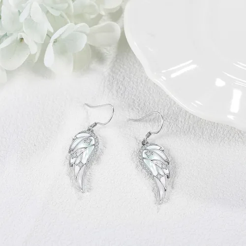 Vista 4 de Aretes de alas de ángel para mujer, plata de ley, aretes colgantes de moda, joyería de ángel para mujer