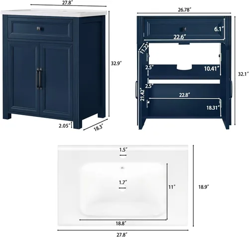 Vista 2 de Henf 28 Inch Bathroom Vanity with Ceramic Integrated Sink, Blue Bathroom Storage Cabinet with 2 Soft Close Doors,1 Tilt-Out Drawer,Reinforced Corner