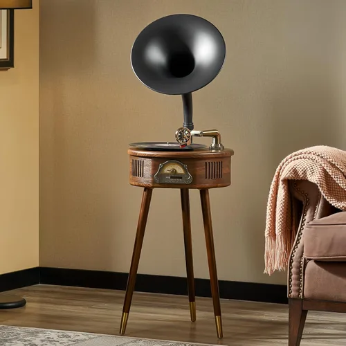 Vista 11 de Gramófono vintage con salida Bluetooth, tocadiscos vintage, tocadiscos retro para discos de vinilo de 7, 9, 12 pulgadas, 3 velocidades, alta Negro