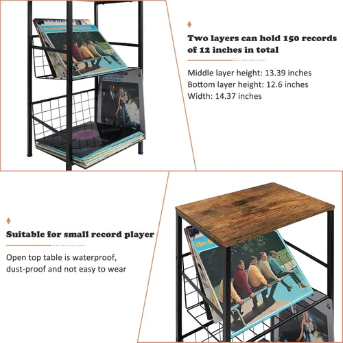 Vista 3 de Soporte para tocadiscos con almacenamiento de discos de vinilo de 3 niveles, soporte giratorio pequeño con soporte para discos de almacenamiento
