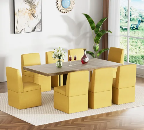 Vista 13 de Juego de mesa de comedor extensible para mesa de cocina extensible de 4, 5 piezas y 4 sillas de almacenamiento ocultas de lino tapizadas de madera