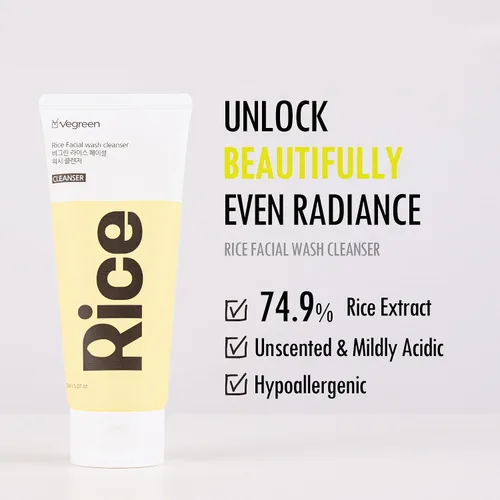 Vista 2 de VEGREEN Limpiador facial de salvado de arroz: lavado facial suave de pH bajo para pieles sensibles, limpiador de gel coreano hidratante e