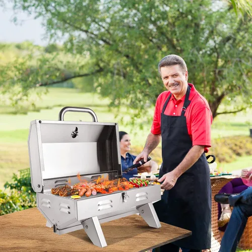 Vista 7 de ROVSUN Parrilla portátil de gas propano de 12,000 BTU, parrilla de cocina al aire libre para picnic, camping, caravana, patio, jardín, barbacoa